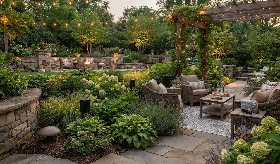 Audio para casa: Fotografía de un jardín con sillones y una mesa de centro c¡en colores beige y café.