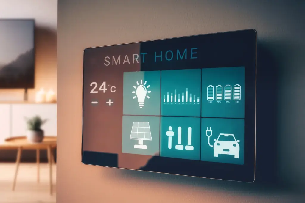 Pantalla táctil de domótica en la pared mostrando el consumo de energía, iluminación y temperatura del hogar