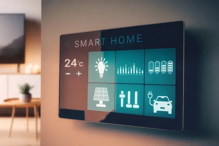 Primer plano de un panel táctil montado en la pared, mostrando iconos y gráficos detallados sobre el consumo de energía de la casa inteligente.