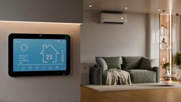 Pantalla táctil en la pared para gestionar la temperatura y el aire acondicionado, con alimentación y datos vía Cableado Estructurado.