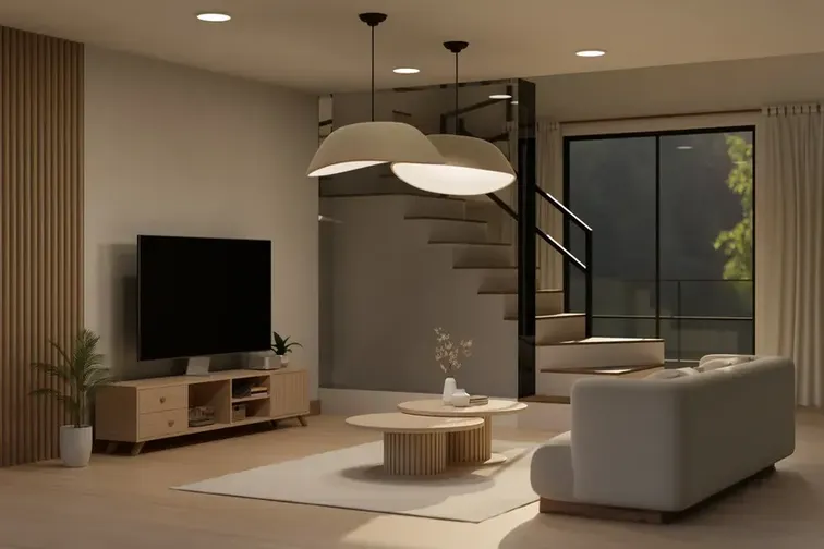 Sala de estar moderna optimizada para la eficiencia energética Interior de una sala contemporánea que integra soluciones de eficiencia energética en su iluminación